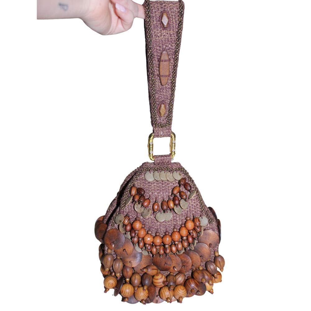 Mary Frances Beaded Wood Fringe Wristlet Bag With COA - Picture 2 of 8